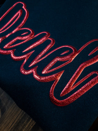 Deuel Red Metallic Puff Black Plush Crewneck Sweatshirt