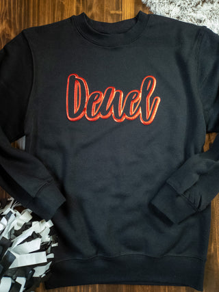 Deuel Red Metallic Puff Black Plush Crewneck Sweatshirt