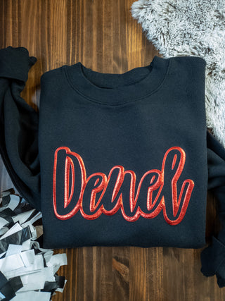Deuel Red Metallic Puff Black Plush Crewneck Sweatshirt