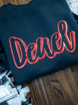 Deuel Red Metallic Puff Black Plush Crewneck Sweatshirt