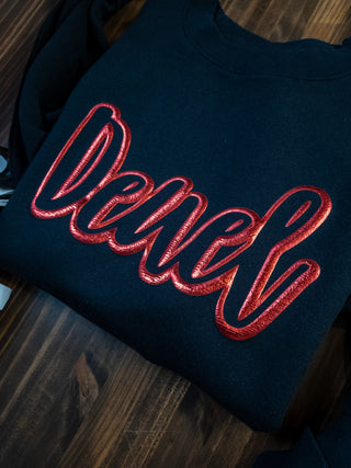 Deuel Red Metallic Puff Black Plush Crewneck Sweatshirt