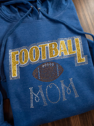 Football Mom Rhinestone Heather Blue Hooded Sweatshirt