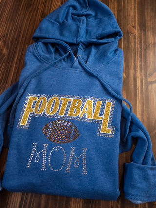 Football Mom Rhinestone Heather Blue Hooded Sweatshirt