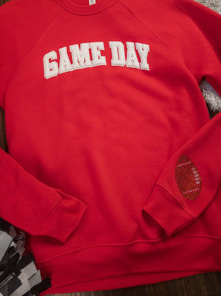 Football Game Day White Puff Print Red Crewneck Sweatshirt