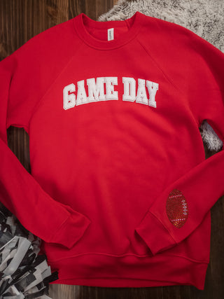 Football Game Day White Puff Print Red Crewneck Sweatshirt