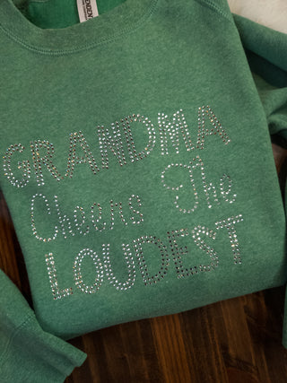 Green Wave Grandma Cheers The Loudest Rhinestone Heather Green Crewneck Sweatshirt