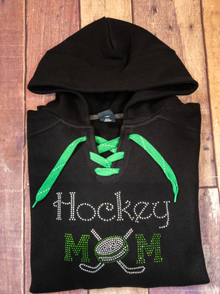 Hockey Mom Rhinestone Black Lace-Up Hoodie - More Options