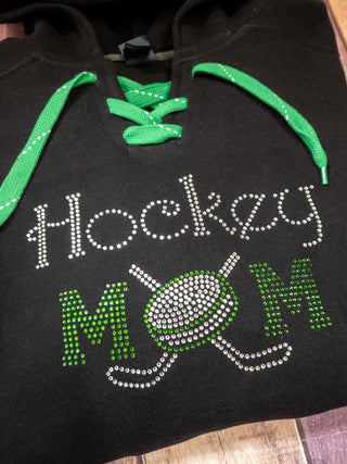 Hockey Mom Rhinestone Black Lace-Up Hoodie - More Options