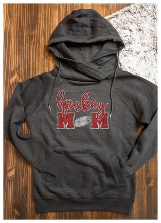 Hockey Mom Heather Black Funnel Neck - Red Sparkle