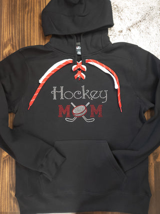 Hockey Mom Rhinestone Black Lace-Up Hoodie - More Options