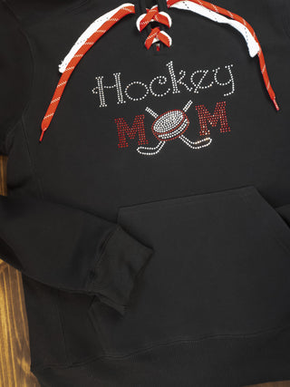 Hockey Mom Rhinestone Black Lace-Up Hoodie - More Options