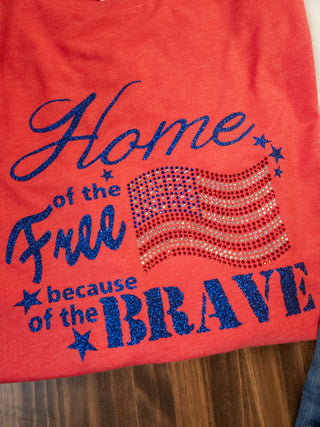 2XL Home Of The Free Rhinestone Heather Red Tee