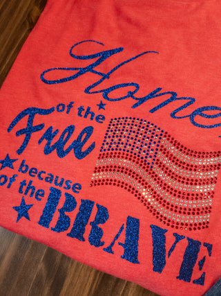 2XL Home Of The Free Rhinestone Heather Red Tee