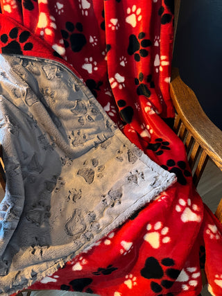 "PawSome" Paw Prints Blanket w/Paw Print Embossed Minky  -* Ready To Ship Sizes & Color Options