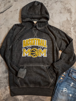 Basketball Mom Rhinestone Black Fleece Hoodie - Gold Sparkle