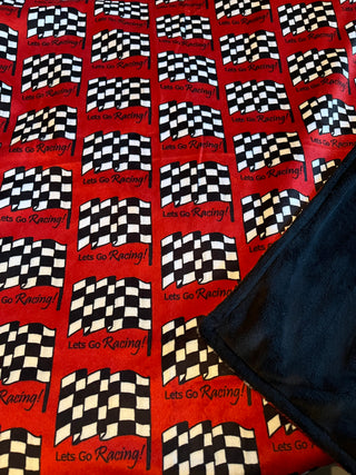 Let's Go Racing & Checkered Flags on Red Minky Blanket *Ready To Ship