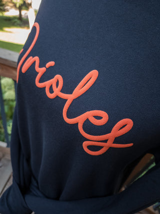 LARGE Orioles Orange Puff Print Black Crewneck Sweatshirt