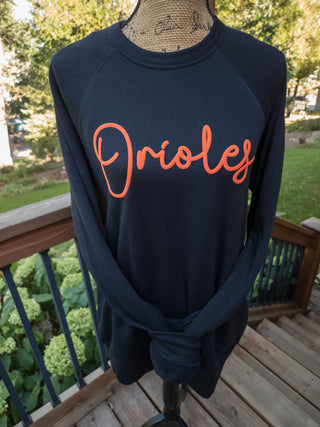LARGE Orioles Orange Puff Print Black Crewneck Sweatshirt