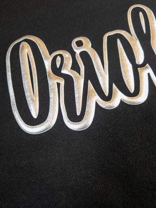 Orioles Silver Metallic Puff Black Plush Crewneck Sweatshirt
