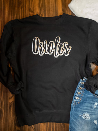 Orioles Silver Metallic Puff Black Plush Crewneck Sweatshirt