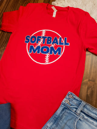 SMALL Softball Mom Red Tee - Blue Sparkle