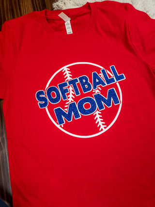 SMALL Softball Mom Red Tee - Blue Sparkle