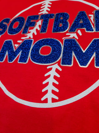 SMALL Softball Mom Red Tee - Blue Sparkle