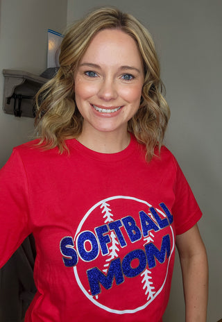 SMALL Softball Mom Red Tee - Blue Sparkle