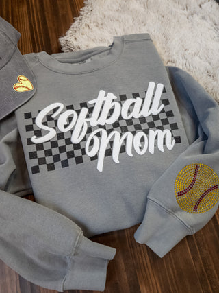 LARGE Softball Mom Puff and Rhinestone Dyed Gray Crewneck Sweatshirt