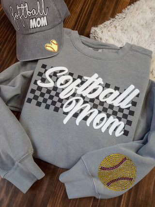 LARGE Softball Mom Puff and Rhinestone Dyed Gray Crewneck Sweatshirt