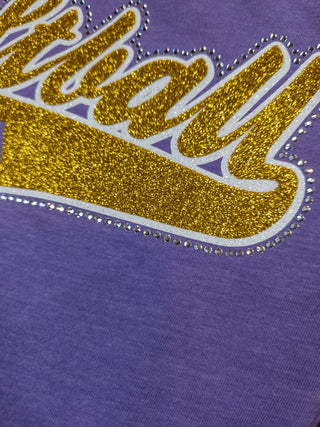 Softball Mom Rhinestone Tee - Heather Purple with Gold Sparkle