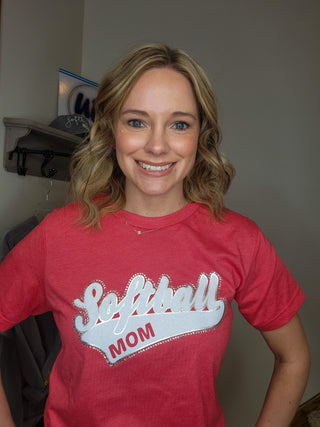 MEDIUM Softball Mom Rhinestone Tee - Heather Red