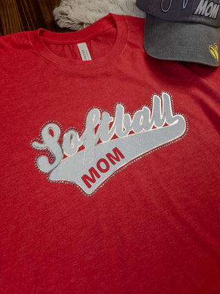 MEDIUM Softball Mom Rhinestone Tee - Heather Red