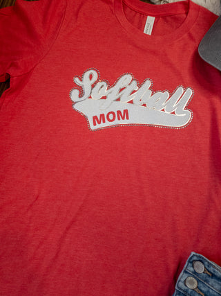 MEDIUM Softball Mom Rhinestone Tee - Heather Red