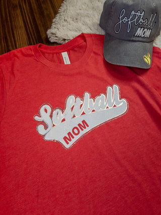 MEDIUM Softball Mom Rhinestone Tee - Heather Red
