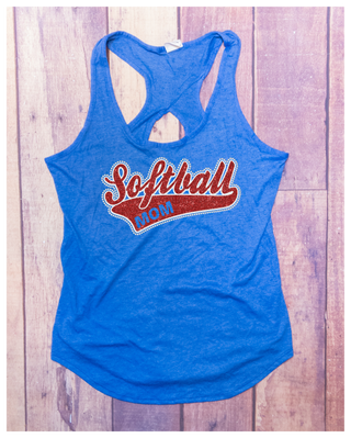 Softball Mom Rhinestone Blue Keyhole Tank - Red Sparkle