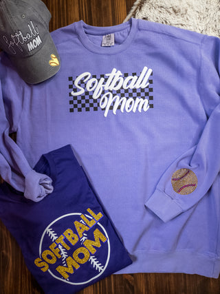 Softball Mom Puff and Rhinestone Dyed Violet Crewneck Sweatshirt