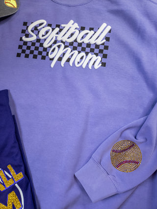Softball Mom Puff and Rhinestone Dyed Violet Crewneck Sweatshirt
