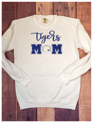 Tigers Football Mom Dyed White Crewneck Sweatshirt - Blue Sparkle