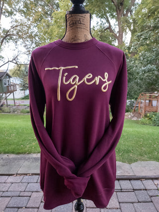 Tigers Gold Puff Print Maroon Crewneck Sweatshirt