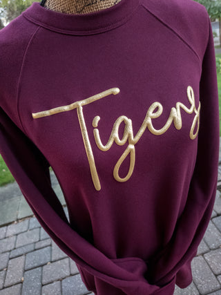Tigers Gold Puff Print Maroon Crewneck Sweatshirt