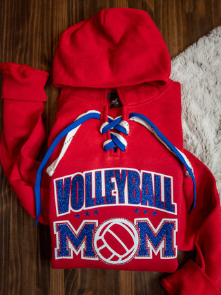 Volleyball Mom Rhinestone Red Lace-Up Hoodie