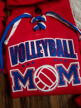 Volleyball Mom Rhinestone Red Lace-Up Hoodie