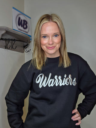 Warriors Silver Metallic Puff Black Plush Crewneck Sweatshirt