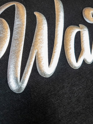 Warriors Silver Metallic Puff Black Plush Crewneck Sweatshirt