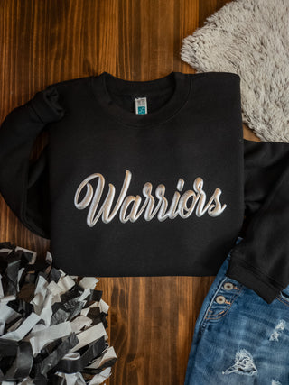 Warriors Silver Metallic Puff Black Plush Crewneck Sweatshirt