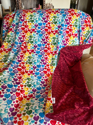 Bright Colorful Watercolor Hearts Double Sided Minky Blanket - Ready to Ship