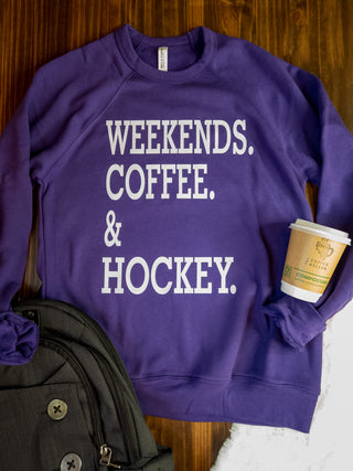 Weekends Caffeine & Hockey Purple Crewneck Sweatshirt