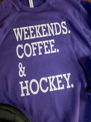 Weekends Caffeine & Hockey Purple Crewneck Sweatshirt