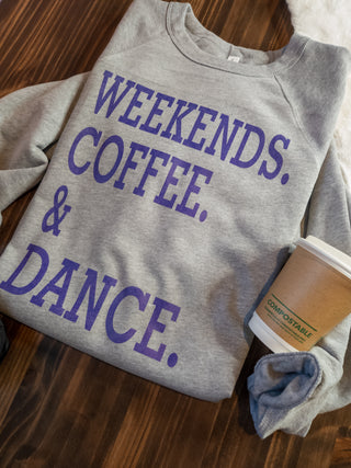 Weekends Coffee & Dance Athletic Gray Crewneck Sweatshirt - Purple Print